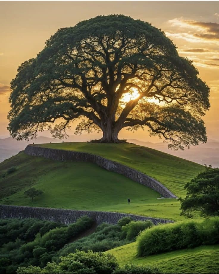 Großer Baum auf einem Hügel im Sonnenlicht