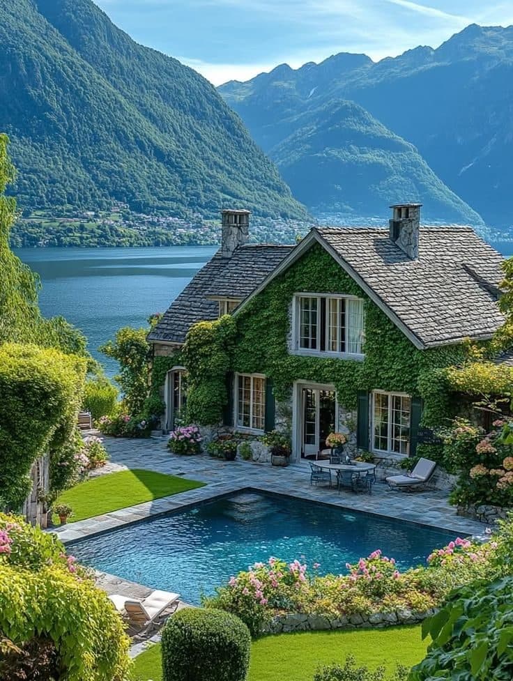 Haus mit Garten an einem See in den Bergen